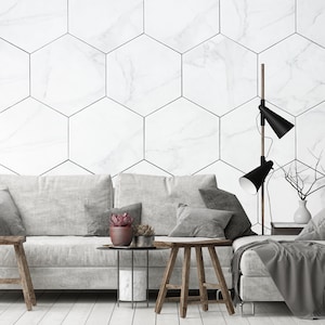 Carta da parati in marmo bianco con esagono, sfondo bianco, motivo geometrico [autoadesiva, stacca e incolla, rimovibile]
