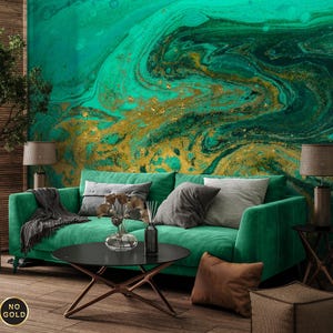 Carta da parati verde smeraldo e gialla, murale astratto, decorazioni per la casa, arte della parete [stacca e incolla (autoadesivo) o carta vinilica tradizionale]