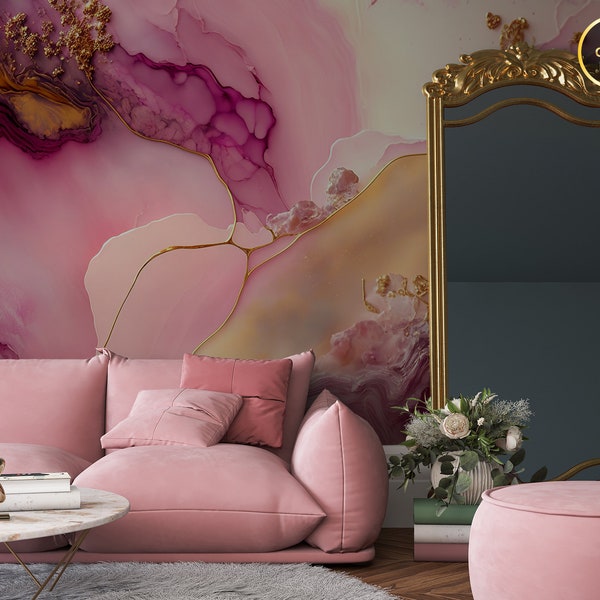 Pink Luxury Marble Wallpaper, Watercolor Abstract Wall Mural [Peel and Stick (self adhesive) or Traditional Vinyl Papers]