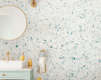 Teal terrazzo wallpaper, stone mural, temporary wallpaper, regular wallpaper [Peel and Stick (self adhesive) or Traditional Vinyl Papers]