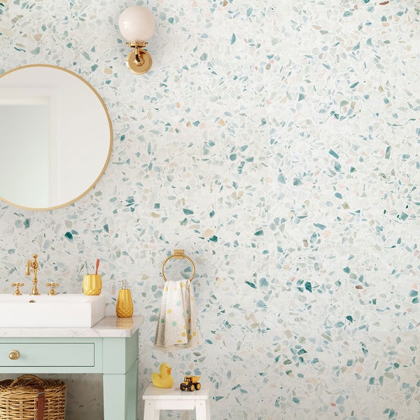 Teal terrazzo wallpaper, stone mural, temporary wallpaper, regular wallpaper [Peel and Stick (self adhesive) or Traditional Vinyl Papers]