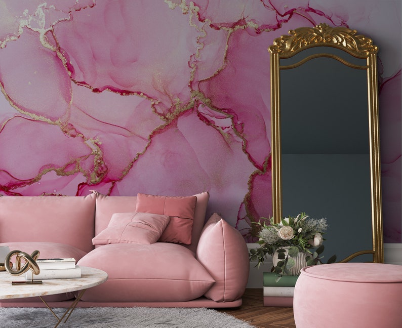 Luxury Pink Marble Wallpaper, Watercolor Abstract Wall Mural peel and