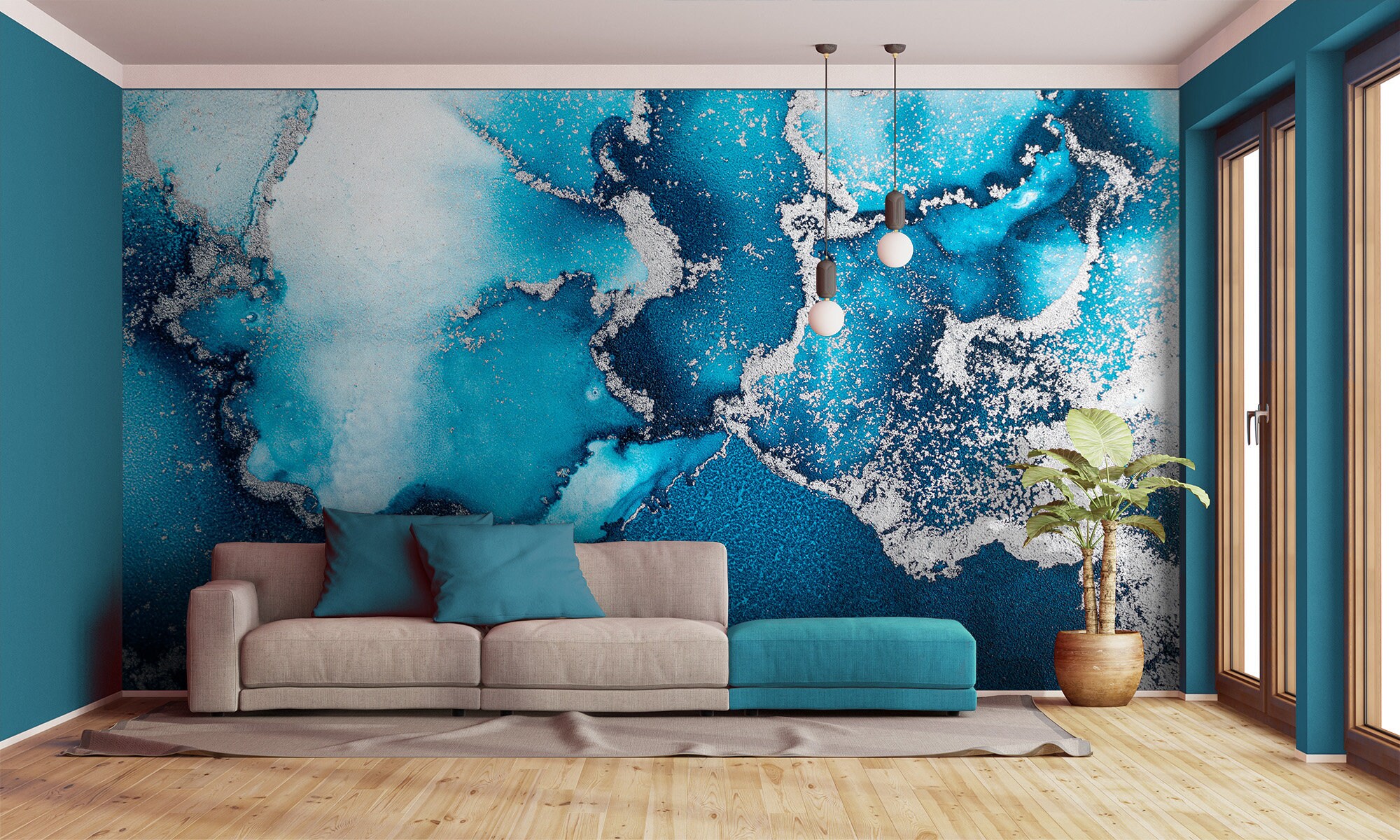 Blue & White Marble Wallpaper, Watercolor Abstract Wall Mural [peel and ...