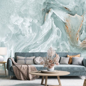 Green watercolor marble wall mural, abstract temporary wallpaper [Self Adhesive, Peel & Stick, Removable]