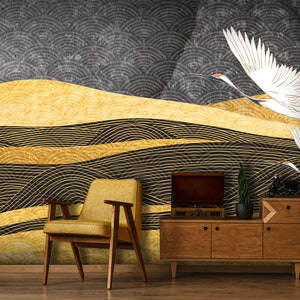 Goldene japanische Wellenmuster-Landschaftstapete im Vintage-Stil mit Kranichvögeln und Bergen [selbstklebend, abziehen und aufkleben, abnehmbar]