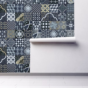 Carta da parati con piastrelle in pietra marocchina grigio blu scuro [autoadesiva, staccabile e incollabile, rimovibile]