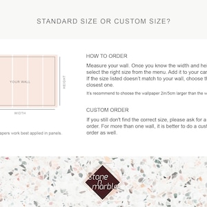 May include: Diagram showing how to measure a wall for wallpaper. The diagram shows a wall divided into panels with the words "Your Wall", "Width", and "Height" labelled. The text below the diagram reads "The wallpapers work best applied in panels." The text to the right of the diagram explains how to order standard or custom sizes for wallpaper.
