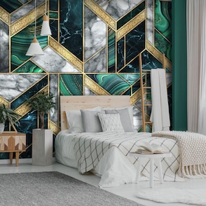 Smaragdgrüne und goldmatte Marmorsteintapete, abstraktes Steinwandbild [Selbstklebend, abziehen und aufkleben, abnehmbar]