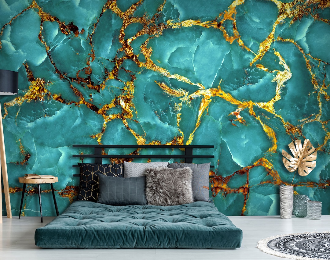 Matte Teal Crystal Stone Wallpaper With Gold Cracks [self Adhesive