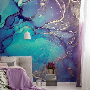 Green, blue and purple marble art wallpaper [Self Adhesive, Peel & Stick, Removable]