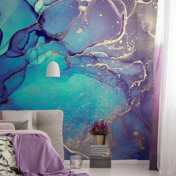 Green, blue and purple marble art wallpaper [Self Adhesive, Peel & Stick, Removable]