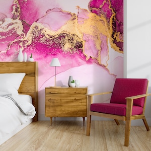 Pink and matte gold marble wallpaper, abstract wall mural [Peel and Stick (self adhesive) or Traditional Vinyl Papers]