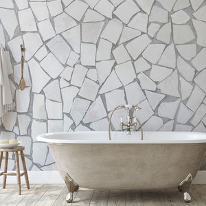 White and gray broken tiles wallpaper [Self Adhesive, Peel & Stick, Removable]