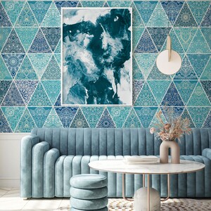 Blue patterned triangles wallpaper, geometric wallpaper [Self Adhesive, Peel and Stick, Removable]