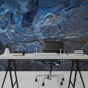 Blue and gray marble stone wallpaper, abstract conrete mural [Self Adhesive, Peel & Stick, Removable]