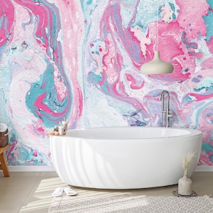 Acrylic pink & blue art wallpaper, marbled Wall Mural, Home Decor, Wall Art [Peel and Stick (self adhesive) or Traditional Vinyl Papers]