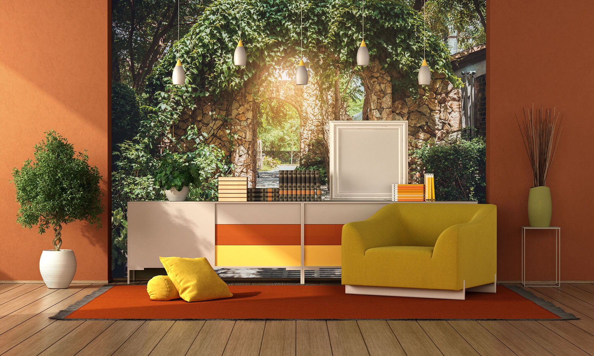 Wallpaper With a Stone Arch, Leaves and Branches peel and Stick self