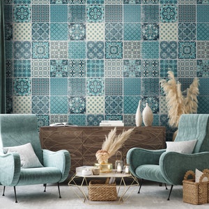 Vintage-Tapete, portugiesische Fliesen, geometrisches Mosaik [Abziehen und Aufkleben (selbstklebend) oder traditionelles Vinylpapier]
