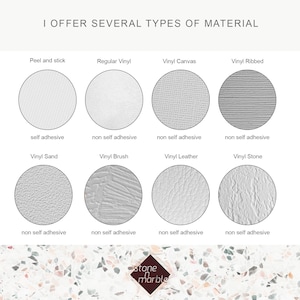 May include: An image showcasing various material types, including Peel and Stick, Regular Vinyl, Vinyl Canvas, Vinyl Ribbed, Vinyl Sand, Vinyl Brush, Vinyl Leather, and Vinyl Stone. Each material is presented in a circular sample with descriptive text. The text "I OFFER SEVERAL TYPES OF MATERIAL" is at the top.