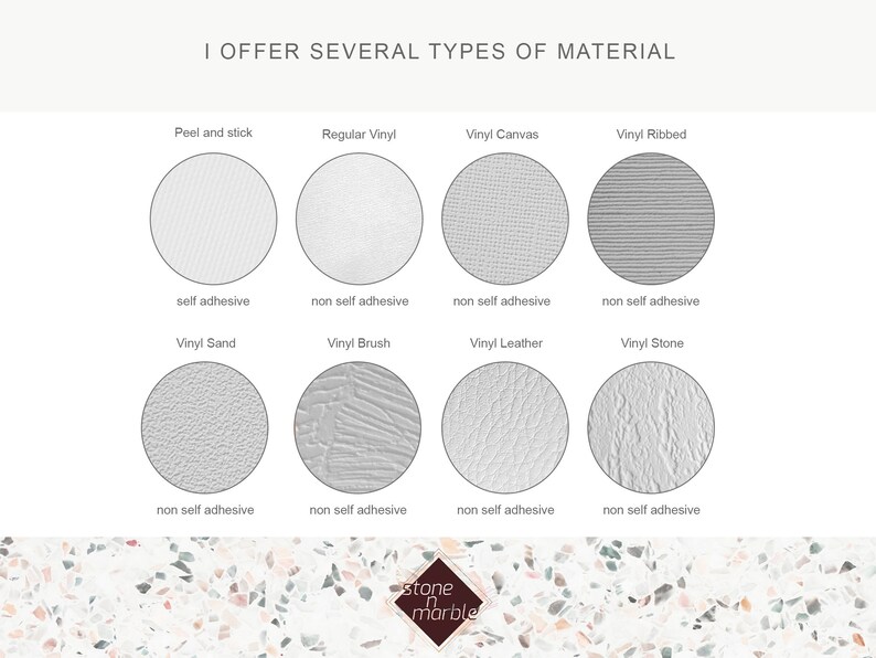 May include: An image showcasing various material types, including Peel and Stick, Regular Vinyl, Vinyl Canvas, Vinyl Ribbed, Vinyl Sand, Vinyl Brush, Vinyl Leather, and Vinyl Stone. Each material is presented in a circular sample with descriptive text. The text "I OFFER SEVERAL TYPES OF MATERIAL" is at the top.