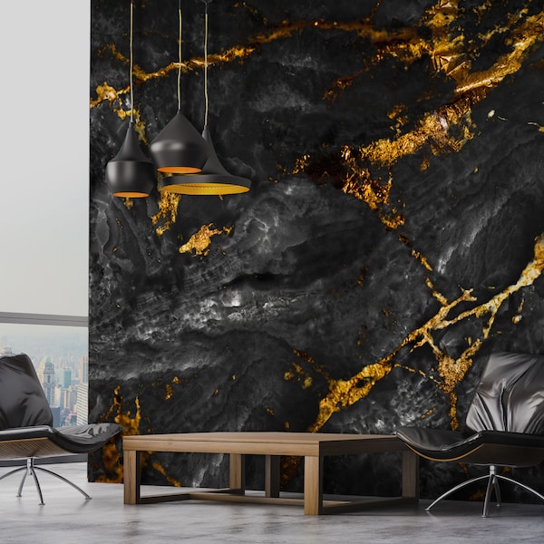 Black cooled lava wallpaper with gold cracks, dark marble stone mural [Self Adhesive, Peel & Stick, Removable]