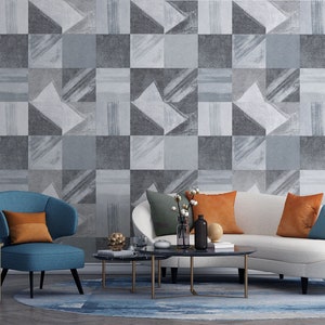 Gray and faded blue geometric concrete tile pattern wallpaper [Self Adhesive, Peel & Stick, Removable]