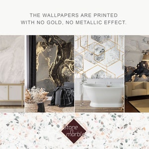 May include: Four different wallpaper designs featuring marble and gold accents. The wallpapers are printed with no gold, no metallic effect. The text "stone n marble" is displayed in a diamond shape.