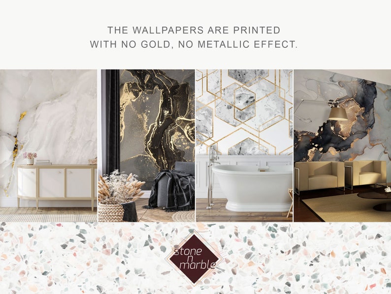 May include: Four different wallpaper designs featuring marble and gold accents. The wallpapers are printed with no gold, no metallic effect. The text "stone n marble" is displayed in a diamond shape.