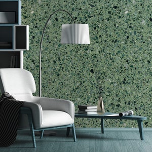 Green terrazzo wallpaper, stone wall mural, terrazzo temporary wallpaper [Peel and Stick (self adhesive) or Traditional Vinyl Papers]