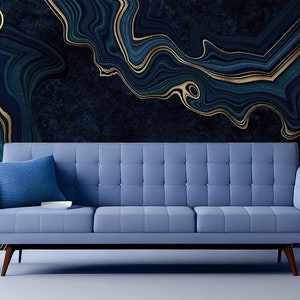 Dunkelblaue und goldmatte Marmortapete, abstraktes dunkles Wandbild [Selbstklebend, Peel & Stick, abnehmbar]