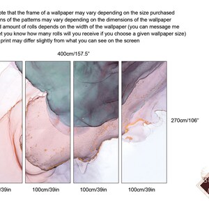 May include: Four different sizes of a wallpaper mural featuring abstract pink, green, and gold watercolour-like patterns. The sizes are 100 cm by 39 cm, 100 cm by 39 cm, 100 cm by 39 cm, and 400 cm by 157.5 cm. The text "stone & marble" is in the bottom right corner of the image.
