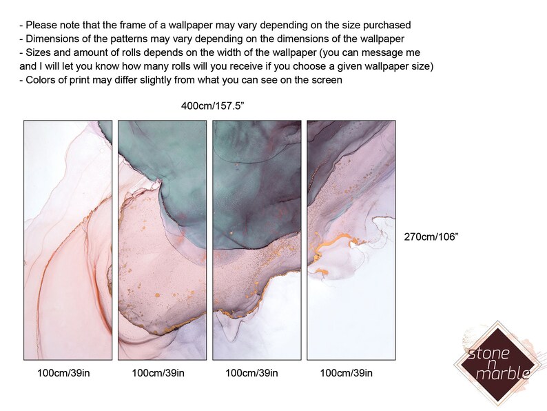 May include: Four different sizes of a wallpaper mural featuring abstract pink, green, and gold watercolour-like patterns. The sizes are 100 cm by 39 cm, 100 cm by 39 cm, 100 cm by 39 cm, and 400 cm by 157.5 cm. The text "stone & marble" is in the bottom right corner of the image.