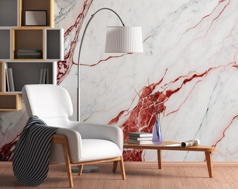 White & red marble wallpaper, natural stone print, concrete wall mural [Peel and Stick (self adhesive) or Traditional Vinyl Papers]