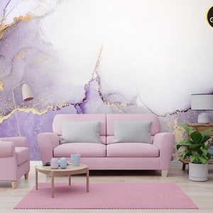 Purple and matte gold abstract marble wallpaper, Wall Mural [Peel and Stick (self adhesive) or Traditional Vinyl Papers]