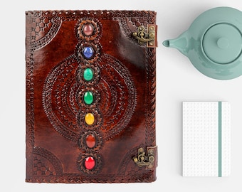 Grimoire Large Leather Journal Spell Book of Shadows, Refillable Handmade Seven Chakra Leather Sketchbook, Travel Leather Notebook