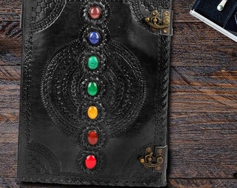 Grimoire Large Leather Journal Spell Book of Shadows, Refillable Handmade Seven Chakra Leather Sketchbook, Travel Leather Notebook