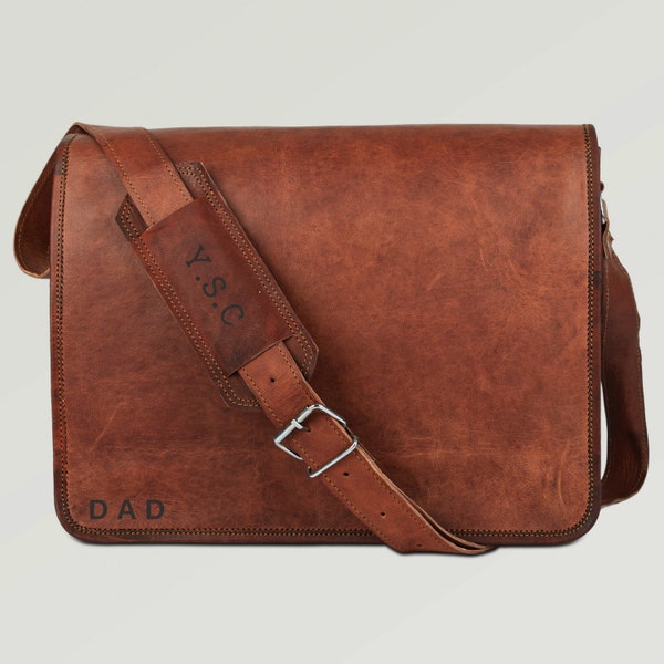 Personalisierte Minimal Leder Laptop Satchel Messenger Arbeitstasche – Große Leder Umhängetasche für Männer 15“, Geschenke für den Bräutigam