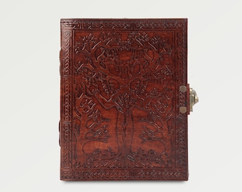 Engraved Travel Refillable Handmade Leather Bound Grimoire Journal - Tree of Life Book of Shadows Medieval Spell Book Leather Goth Planner