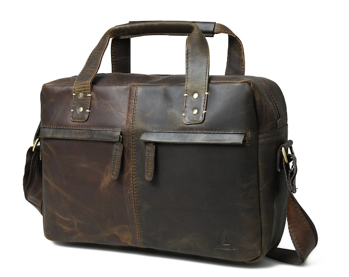 Featured listing image: Brown Leather Laptop Bag, 16” Genuine Leather Messenger Bag, Leather Satchel Cross Body Work Handbag, Briefcase Men, Gift for Men