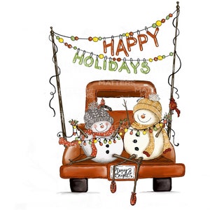 Happy Holidays Vintage Truck Snowmen - Hand painted - PNG - Sublimation - Christmas