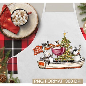 May include: White sublimation apron with a Christmas-themed design featuring three snowmen in a boat with a Christmas tree and the text "Tissy & Bright".