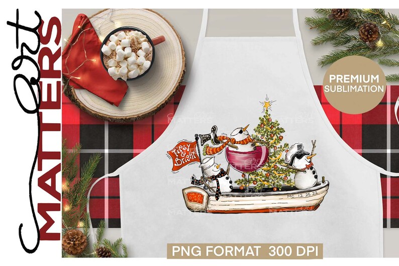 May include: White sublimation apron with a Christmas-themed design featuring three snowmen in a boat with a Christmas tree and the text "Tissy & Bright".