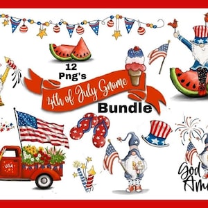 4th of July Gnome Bundle 12 éléments - Peint à la main - PNG - Sublimation - Patriotique