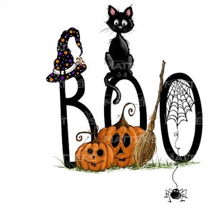 Boo Pumpkins Cat Witch Hat - Peint à la main - PNG - Sublimation - Automne