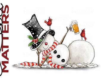 Muñeco de nieve borracho pintado a mano con jarra de cerveza - Navidad PNG - Sublimación