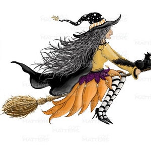 Witch Riding Broom Cat - Peint à la main - PNG - Sublimation - Halloween