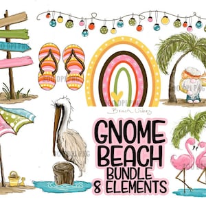 Gnome Beach Bundle 8 Elemente - Handbemalt - PNG - Sublimation - Strand