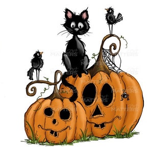 Citrouilles Deux Chat Noir - Peint à la main - PNG - Sublimation - Automne