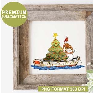 Bateau Arbre de Noël Bonhomme de Neige - Peint à la main - PNG - Sublimation - Noël