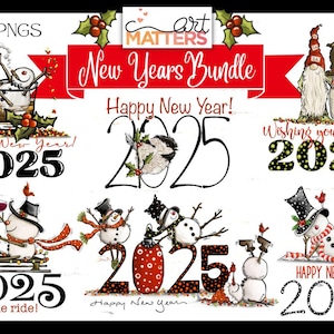 Paquete de Año Nuevo: 6 PNG, pintados a mano, PNG, sublimación: Nochevieja, muñeco de nieve, vino, whisky, muñeco de nieve borracho, carbonero, 2025